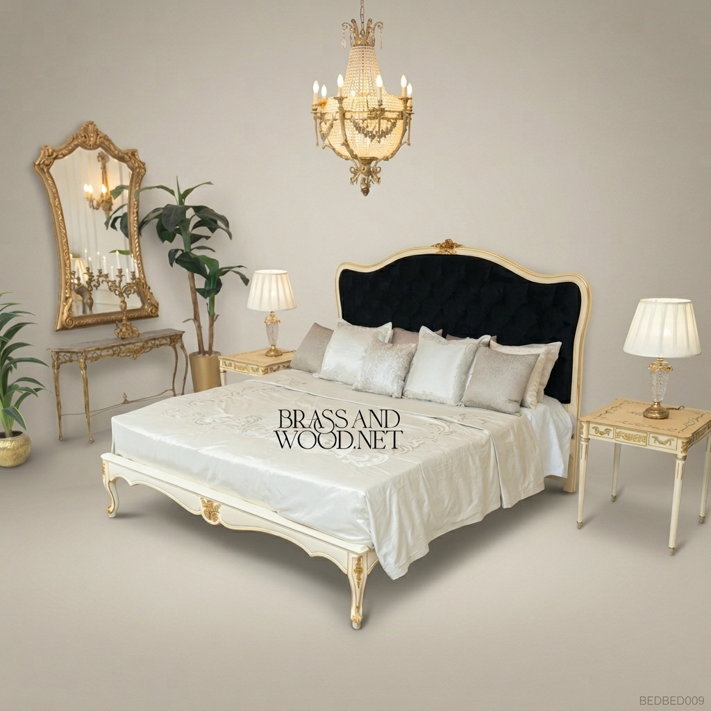 Napoleon III Rococo Revival off-white painted wood bed with black diamond-tufted velvet headboard and gilded carved crest View 5 | Brass & Wood