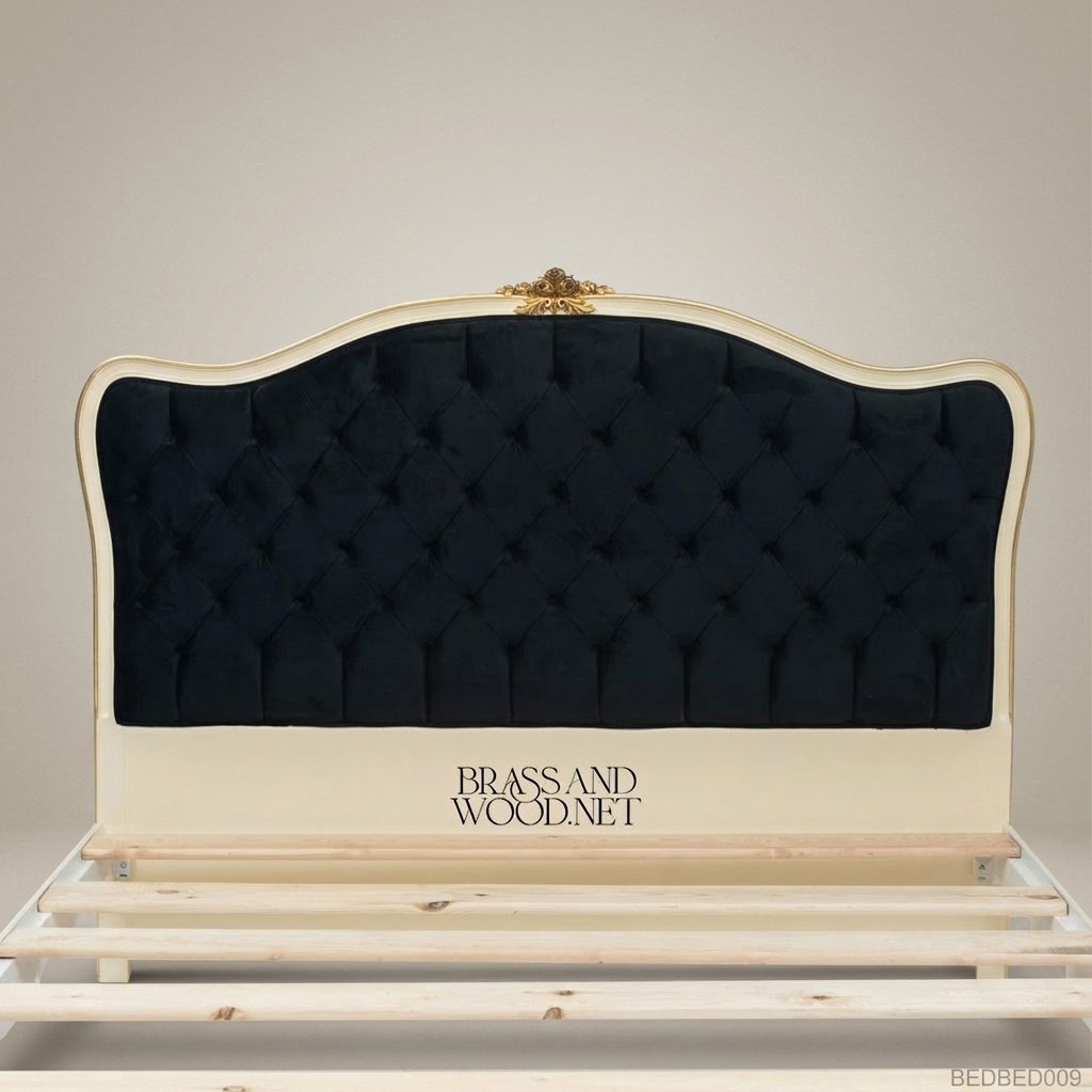 Napoleon III Rococo Revival off-white painted wood bed with black diamond-tufted velvet headboard and gilded carved crest View 6 | Brass & Wood
