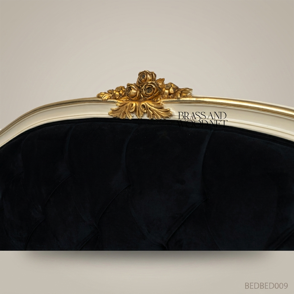Napoleon III Rococo Revival off-white painted wood bed with black diamond-tufted velvet headboard and gilded carved crest View 7 | Brass & Wood