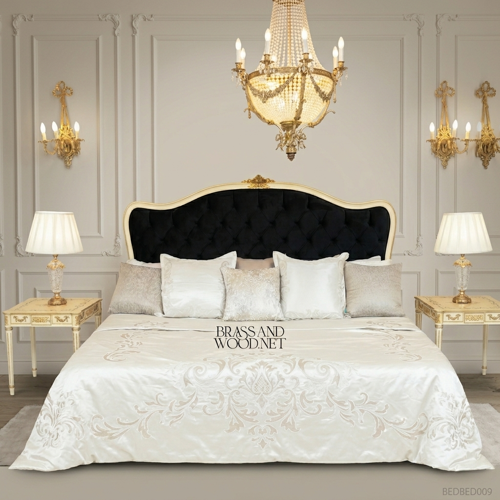 Napoleon III Rococo Revival off-white painted wood bed with black diamond-tufted velvet headboard and gilded carved crest View 8 | Brass & Wood