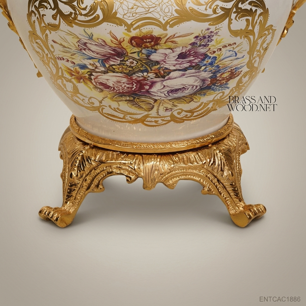 Rococo Porcelain Cachepot with Gilt Brass Mounts & Floral Cartouche