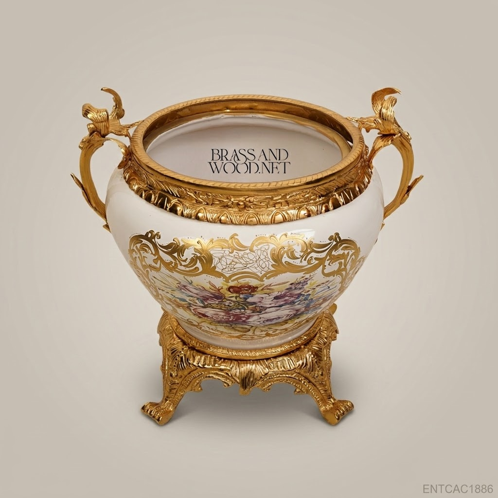 Rococo Porcelain Cachepot with Gilt Brass Mounts & Floral Cartouche
