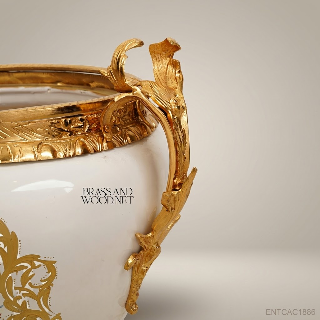 Rococo Porcelain Cachepot with Gilt Brass Mounts & Floral Cartouche