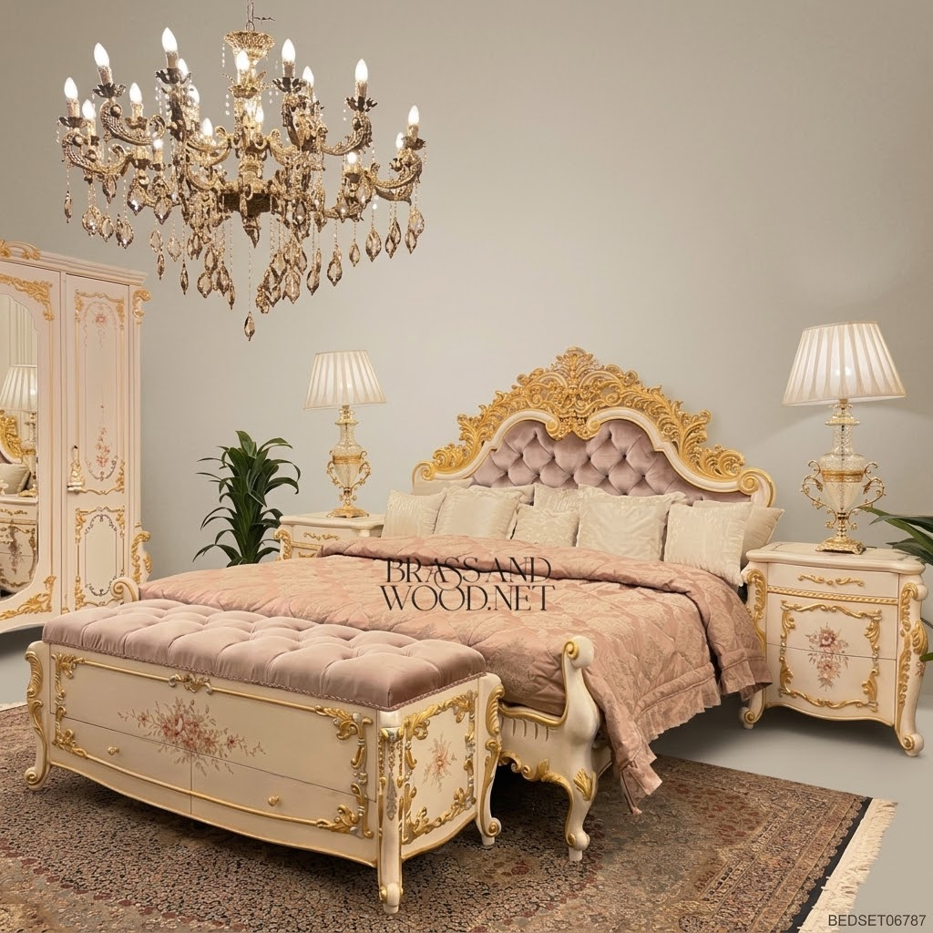 Napoleon III Rococo Revival Bedroom Set - Gilt Acanthus Carved Ivory Lacquer with Button-Tufted Blush Velvet