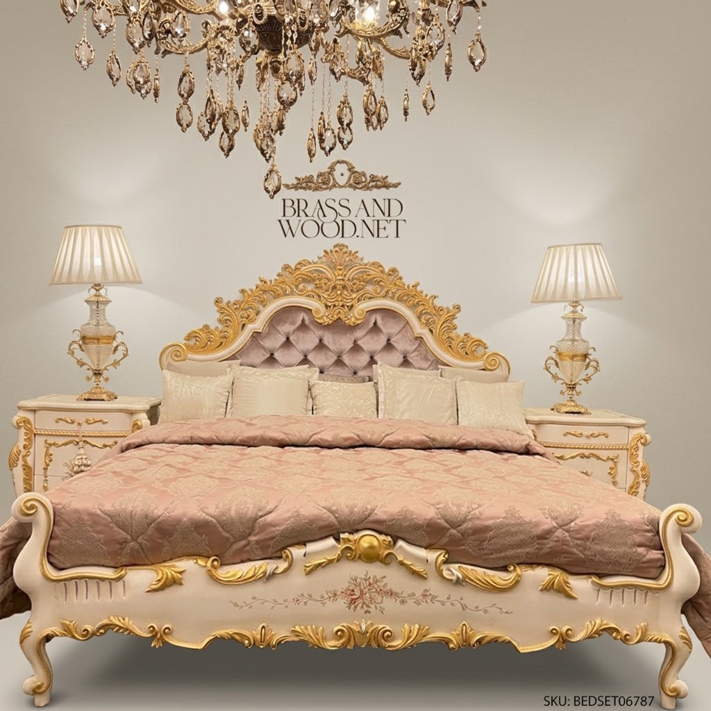 Napoleon III Rococo Revival Bedroom Set - Gilt Acanthus Carved Ivory Lacquer with Button-Tufted Blush Velvet