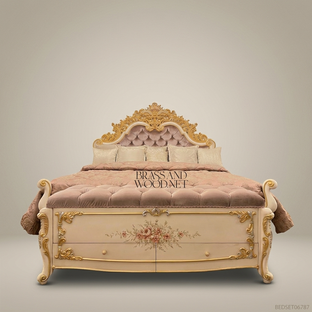 Napoleon III Rococo Revival Bedroom Set - Gilt Acanthus Carved Ivory Lacquer with Button-Tufted Blush Velvet