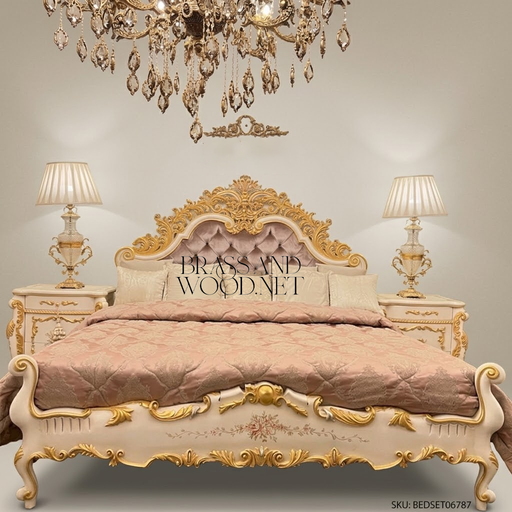 Napoleon III Rococo Revival Bedroom Set - Gilt Acanthus Carved Ivory Lacquer with Button-Tufted Blush Velvet