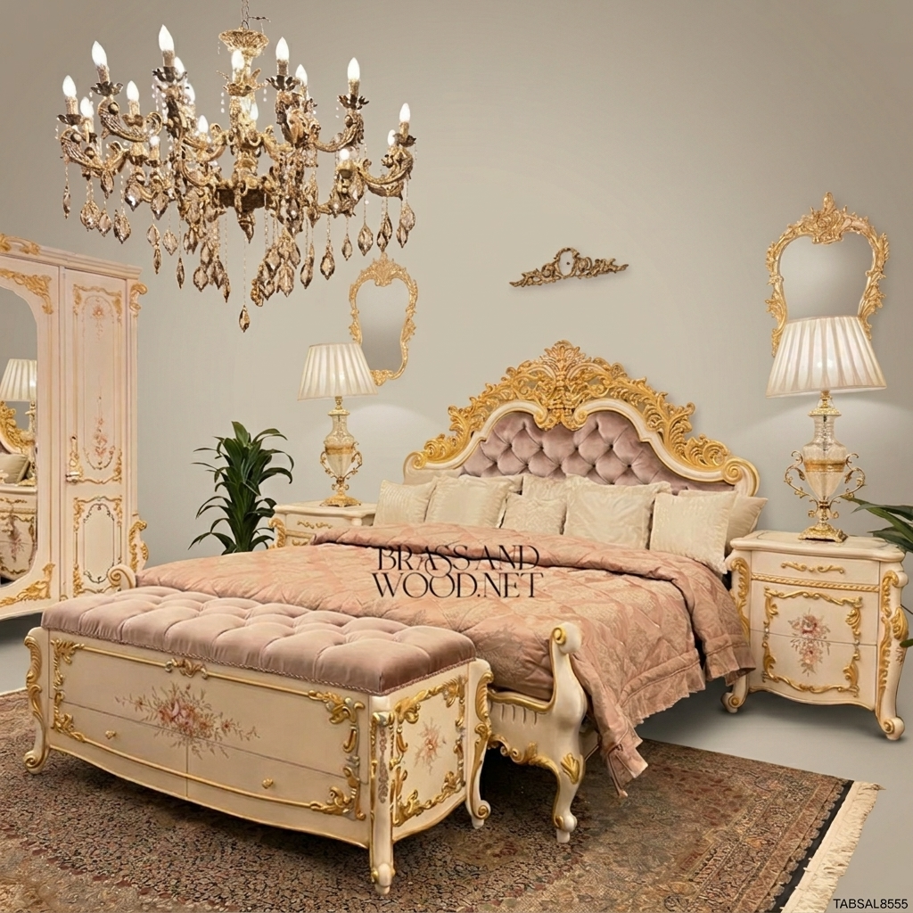Napoleon III Rococo Revival Bedroom Set - Ivory Lacquer, Gold Acanthus & Hand-Painted Floral Panels