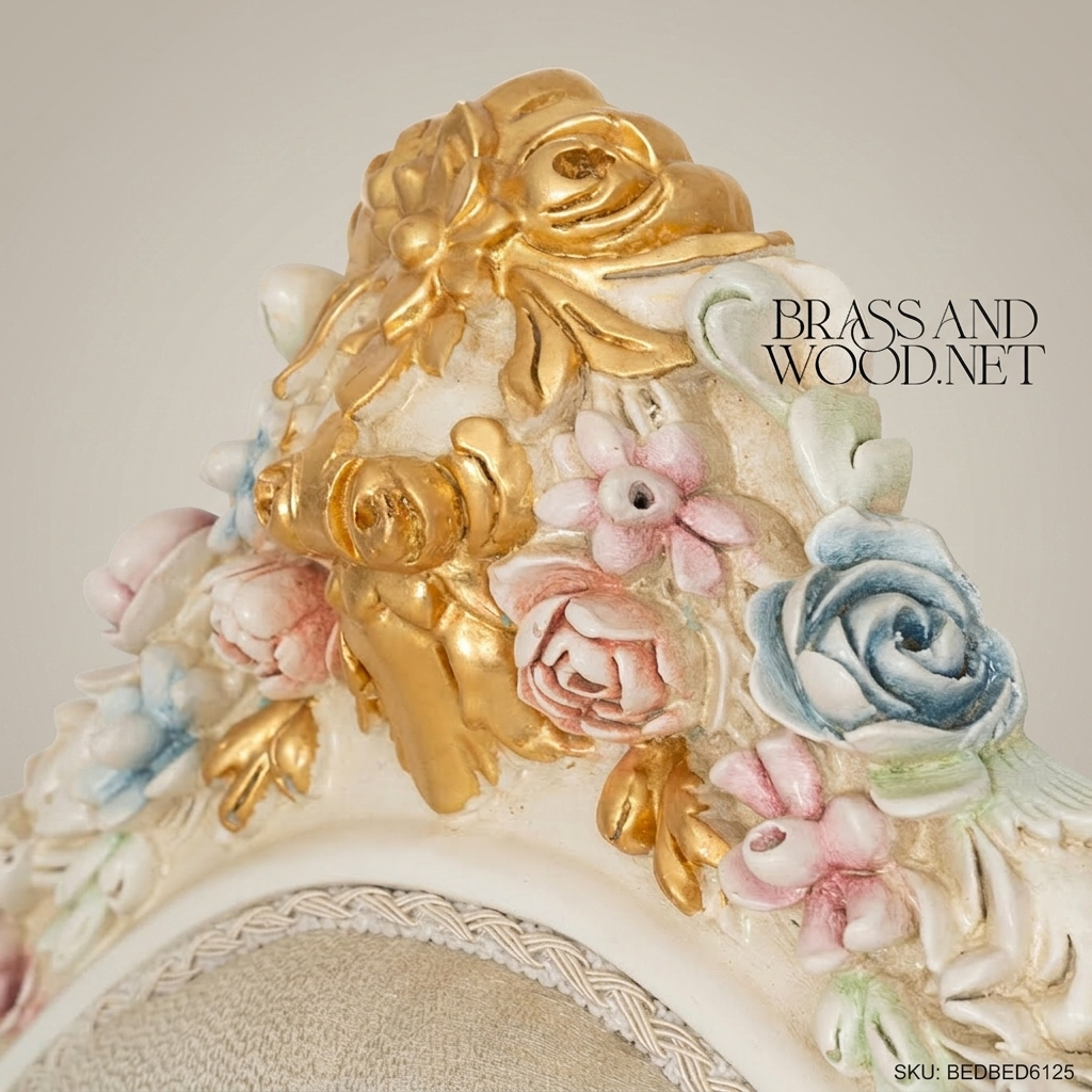 Napoleon III Rococo Revival Bedroom Set — Polychrome Floral Carved Ivory & Gold with Button-Tufted Headboard