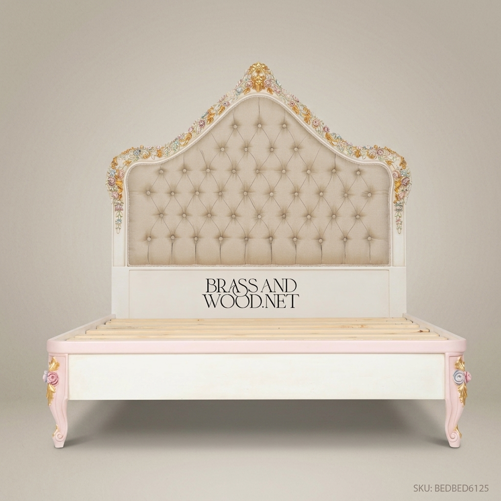 Napoleon III Rococo Revival Bedroom Set — Polychrome Floral Carved Ivory & Gold with Button-Tufted Headboard