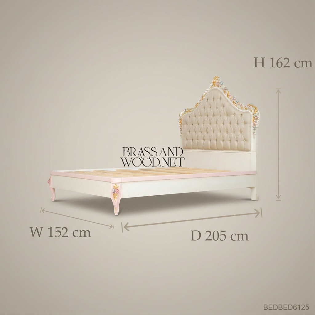 Napoleon III Rococo Revival Bedroom Set — Polychrome Floral Carved Ivory & Gold with Button-Tufted Headboard