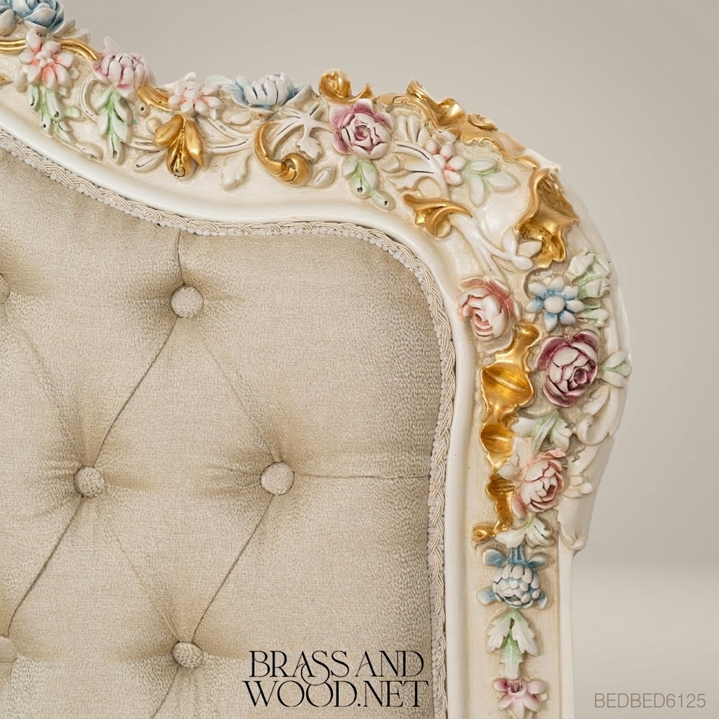 Napoleon III Rococo Revival Bedroom Set — Polychrome Floral Carved Ivory & Gold with Button-Tufted Headboard