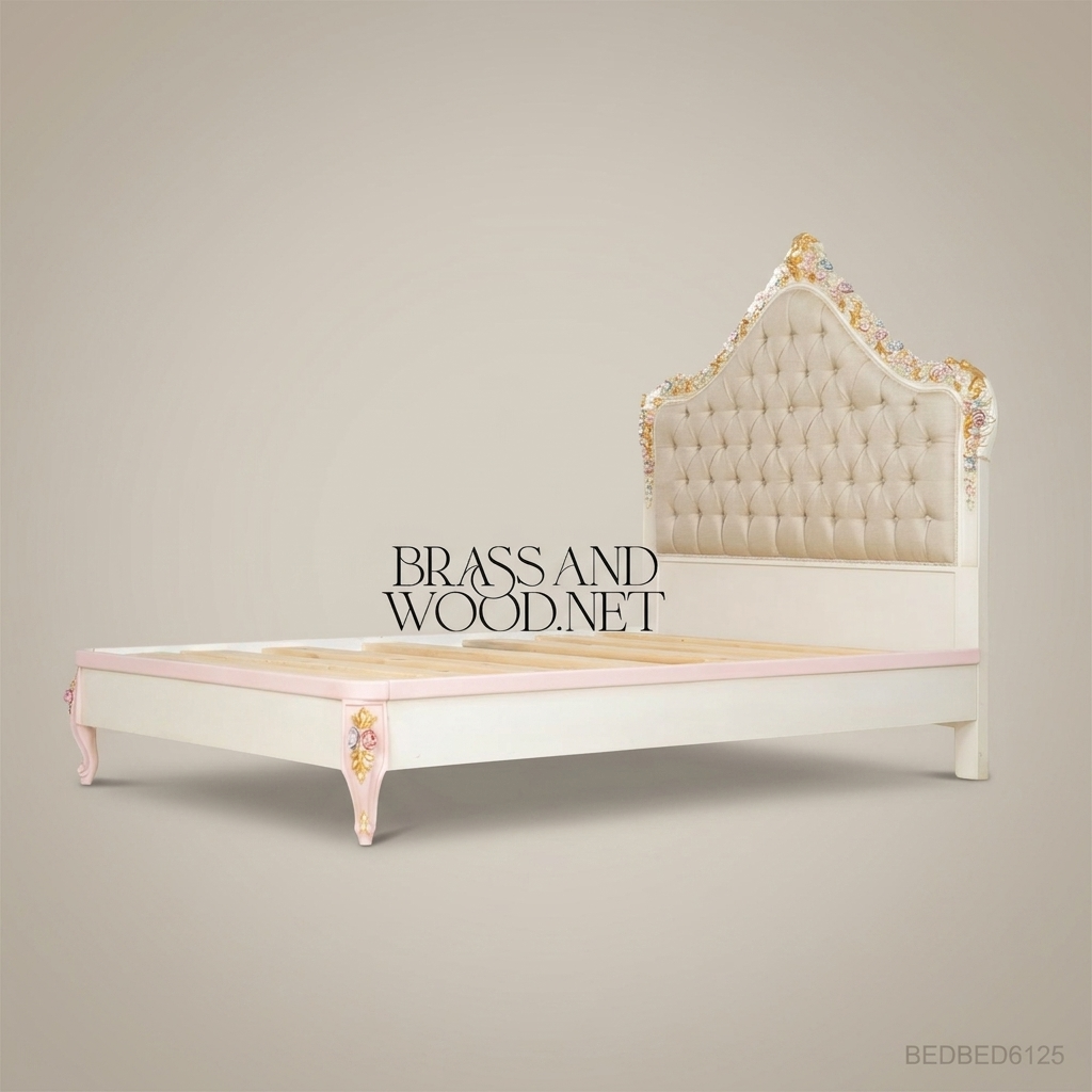 Napoleon III Rococo Revival Bedroom Set — Polychrome Floral Carved Ivory & Gold with Button-Tufted Headboard