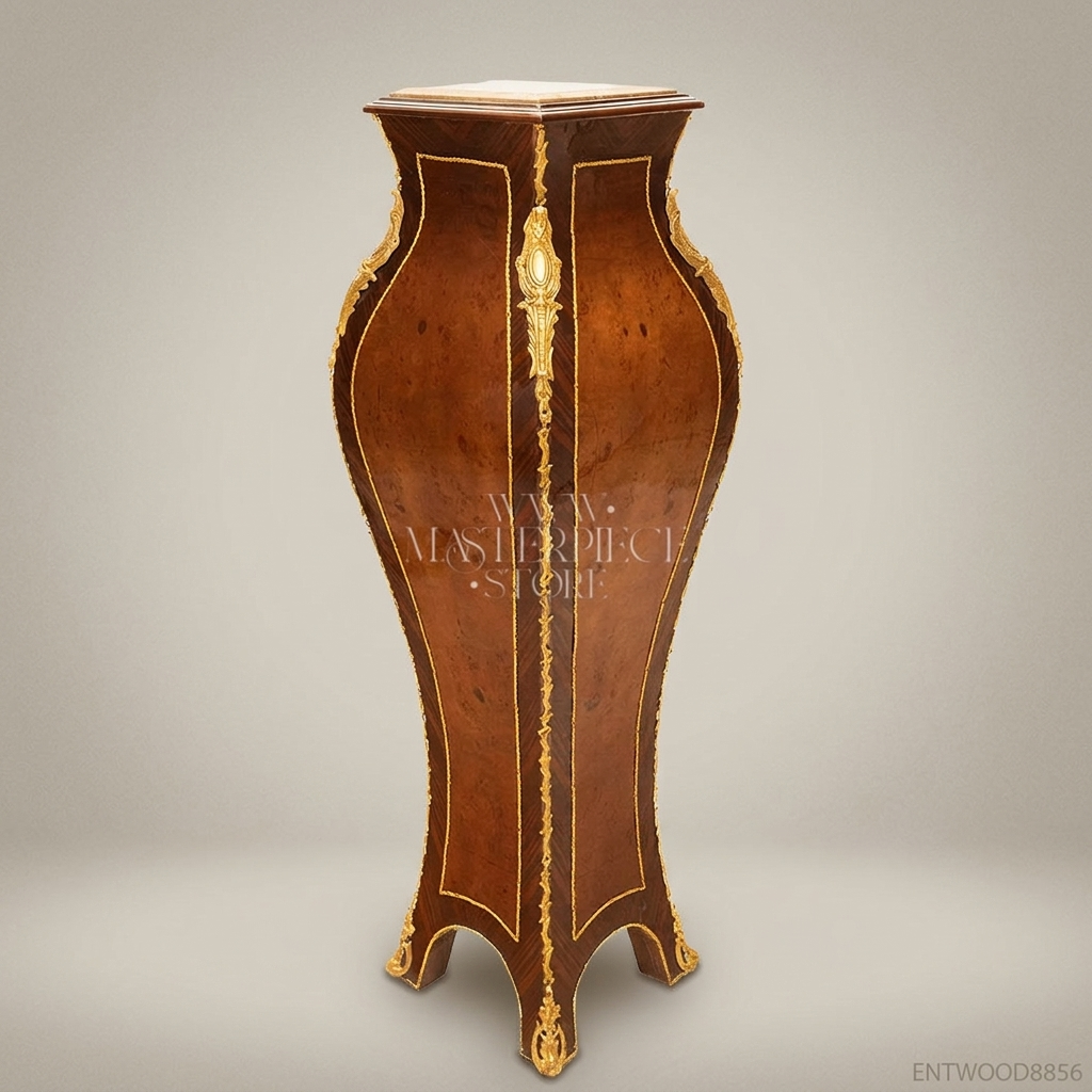Napoleon III Rococo Revival Burl Wood Pedestal Column with Gilt Bronze Mounts & Marble Top