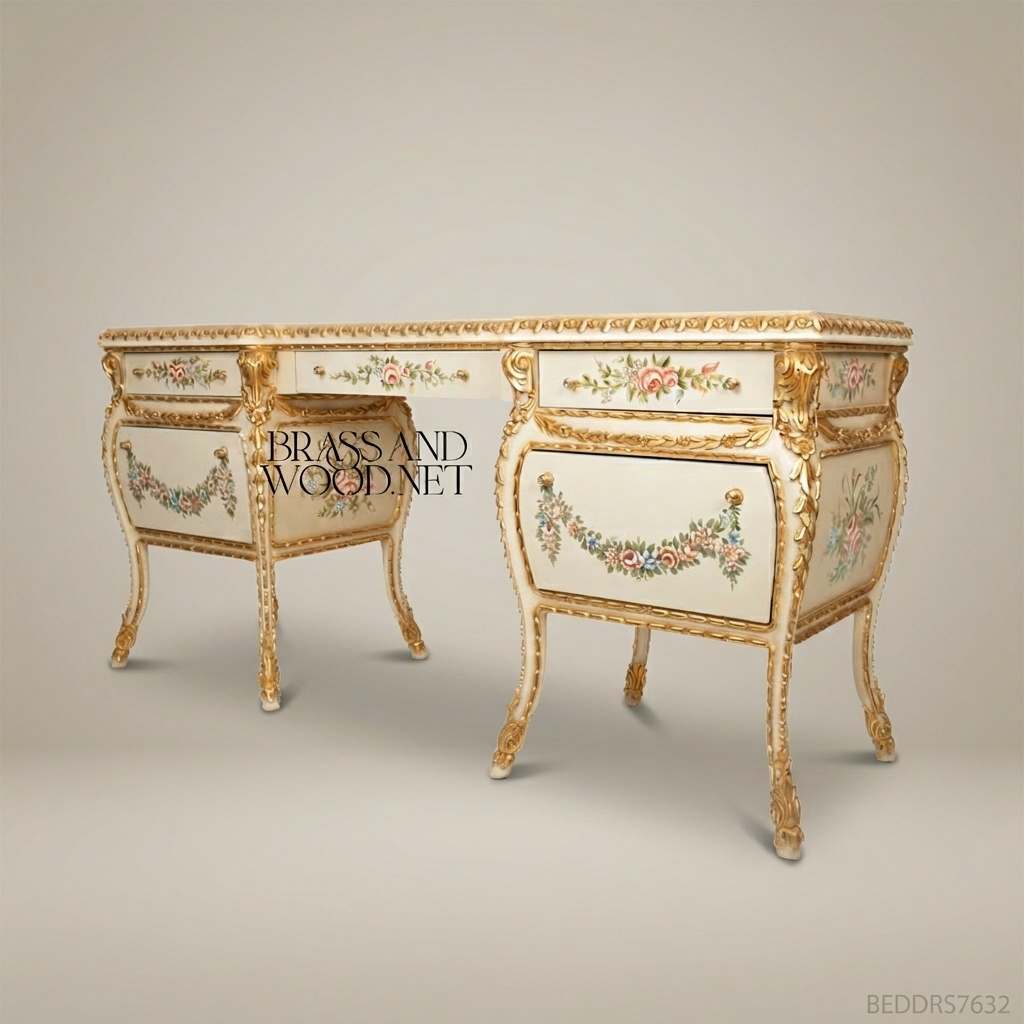 Napoleon III Rococo Revival Hand-Carved Bedroom Set — Polychrome Floral Relief & Tufted Headboard