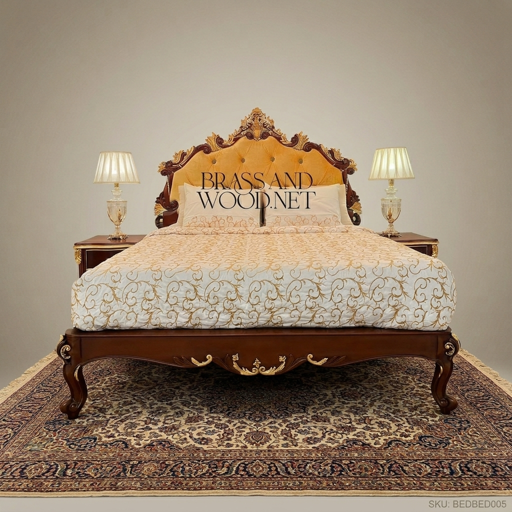 Napoleon III Rococo Revival Carved Mahogany Super King Bed with Gilt Acanthus Crown Headboard