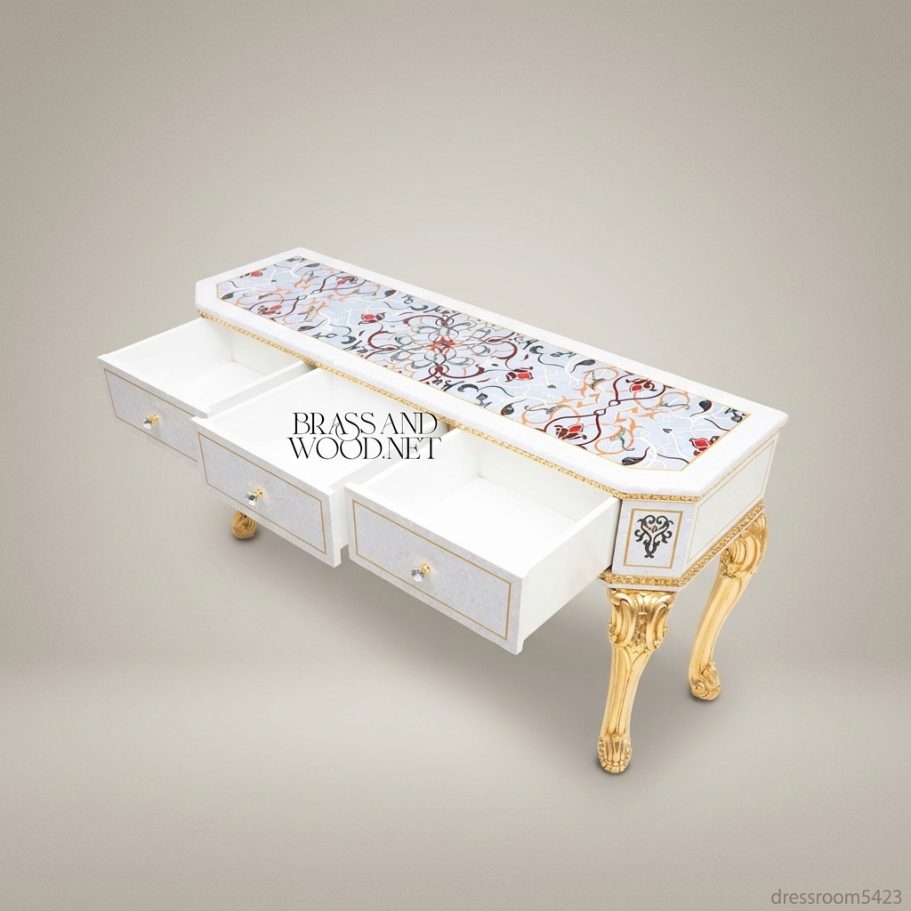 Napoleon III Rococo Revival Dressing Table - Hand-Painted Floral Top with Gilt Cabriole Legs
