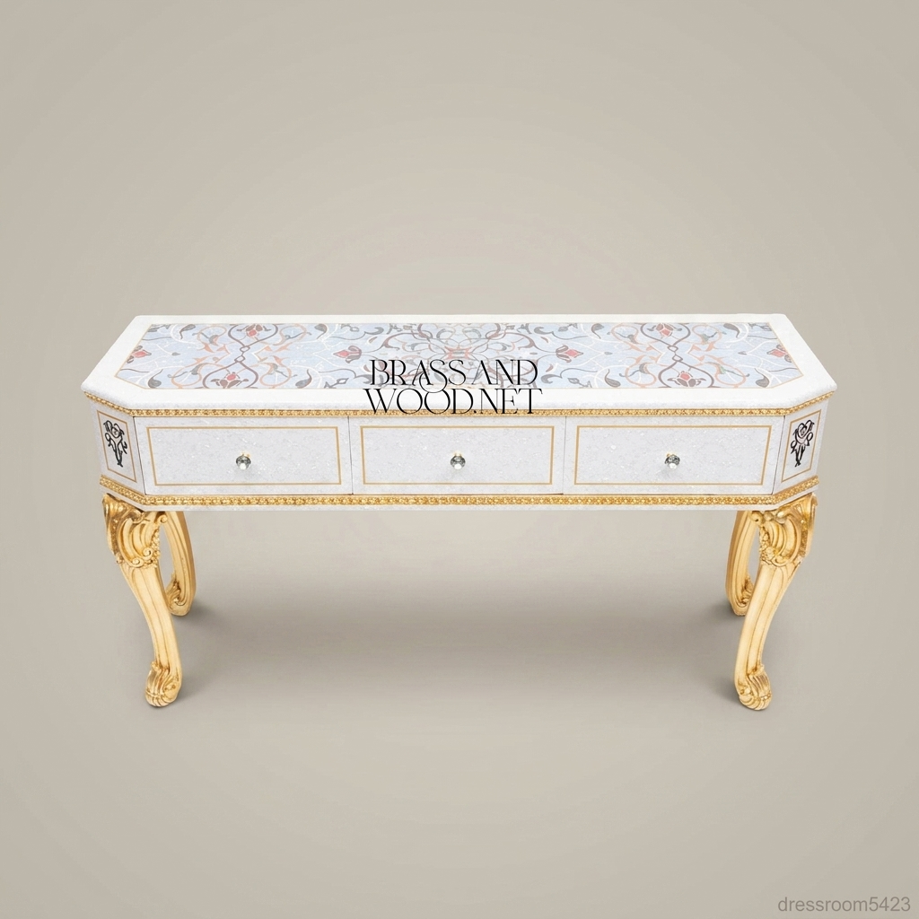 Napoleon III Rococo Revival Dressing Table - Hand-Painted Floral Top with Gilt Cabriole Legs