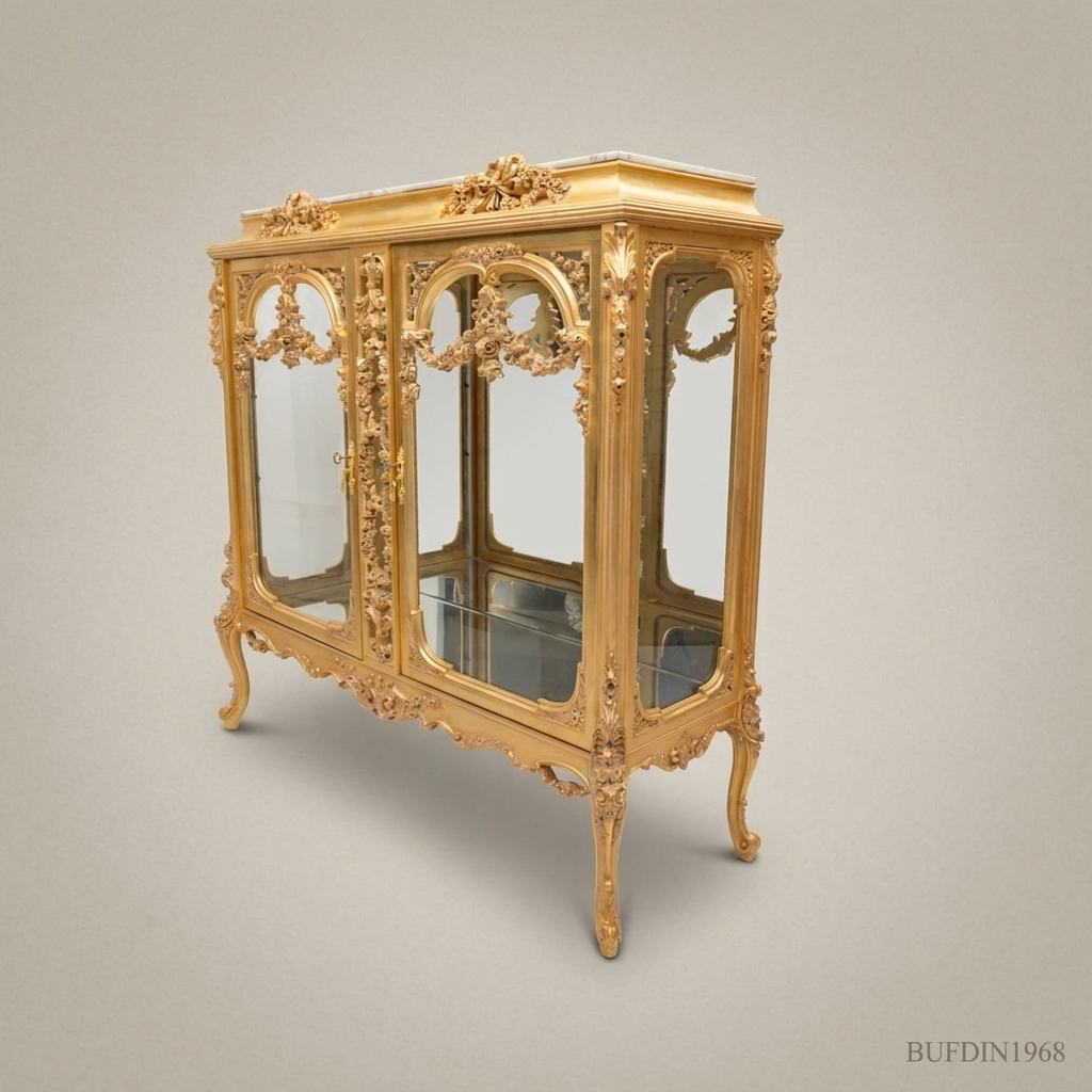 Napoleon III Rococo Revival Gilded Vitrine — Marble Top with Floral Swag Carving