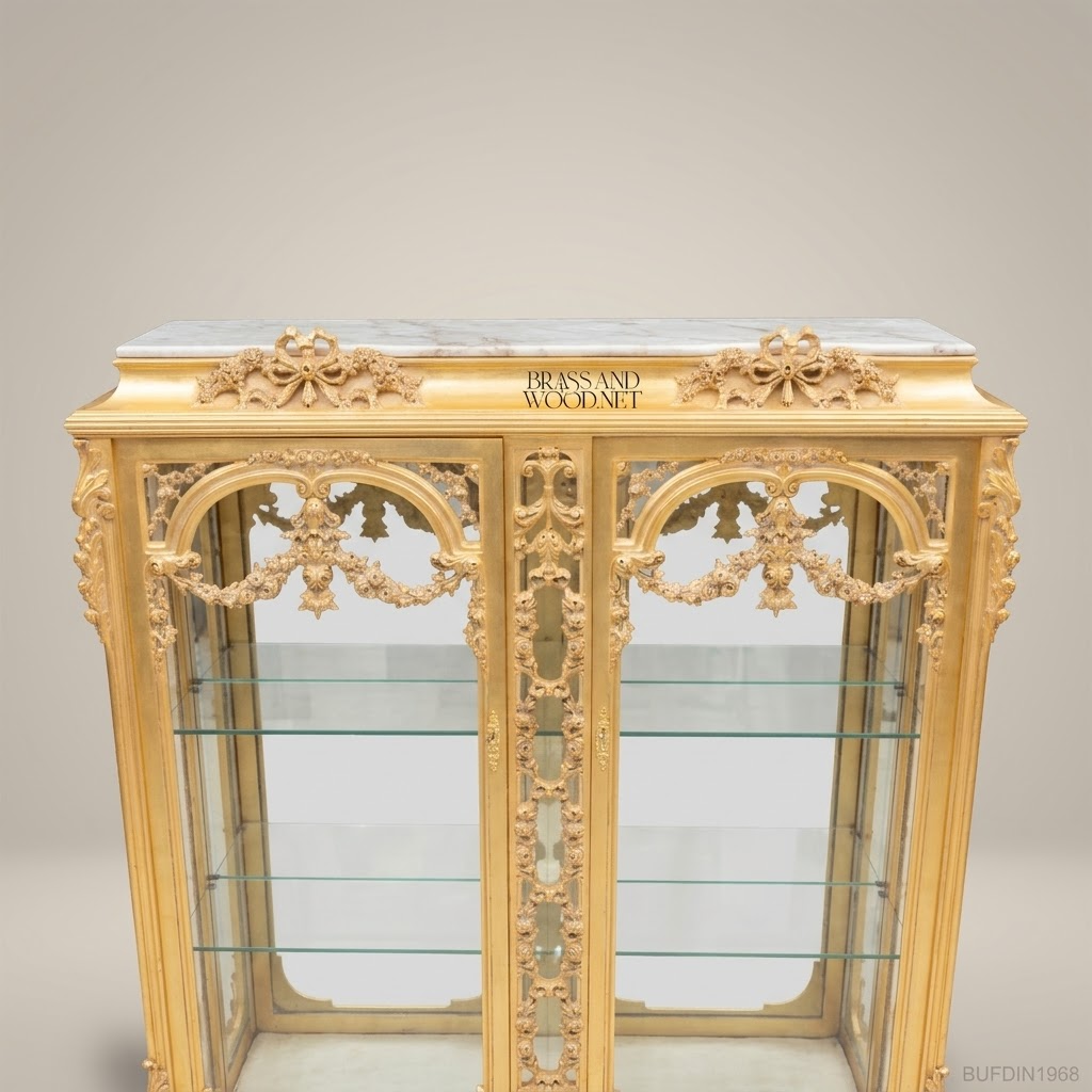Napoleon III Rococo Revival Gilded Vitrine — Marble Top with Floral Swag Carving