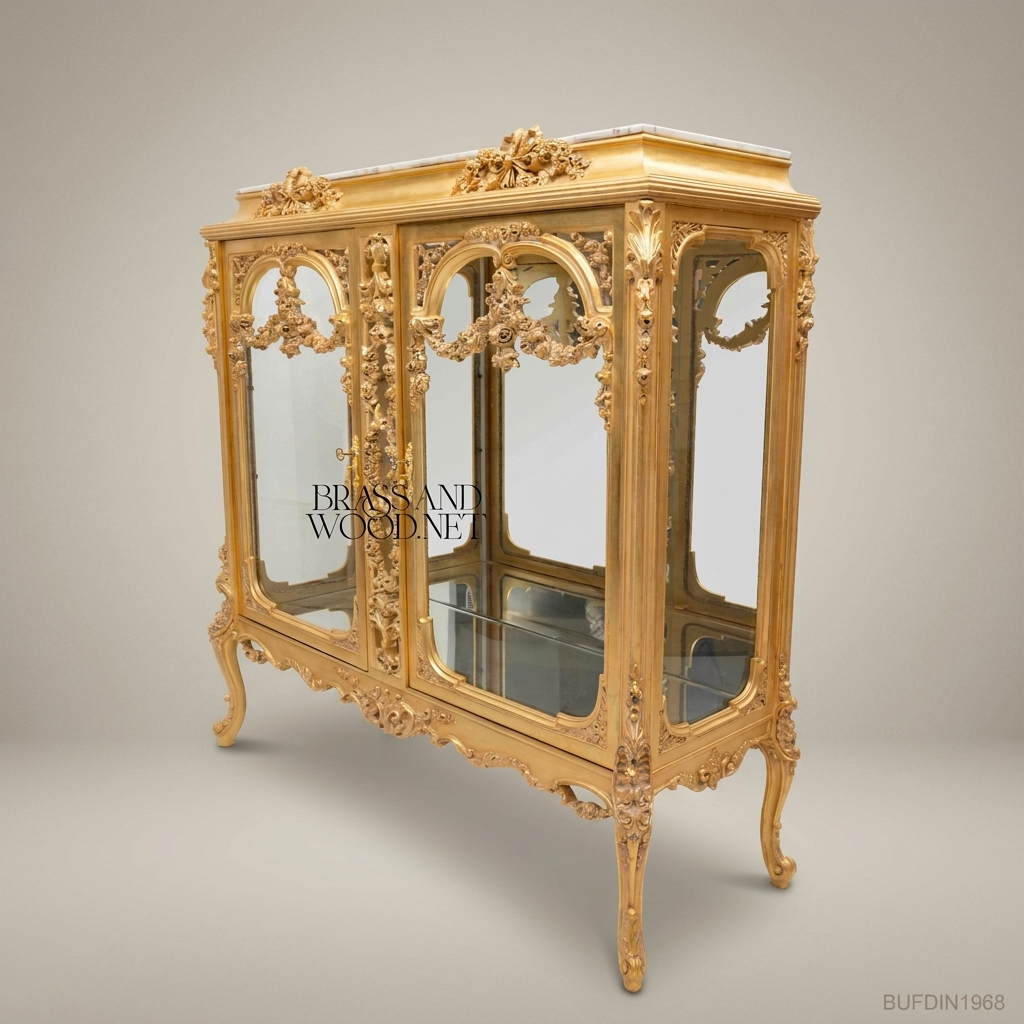 Napoleon III Rococo Revival Gilded Vitrine — Marble Top with Floral Swag Carving