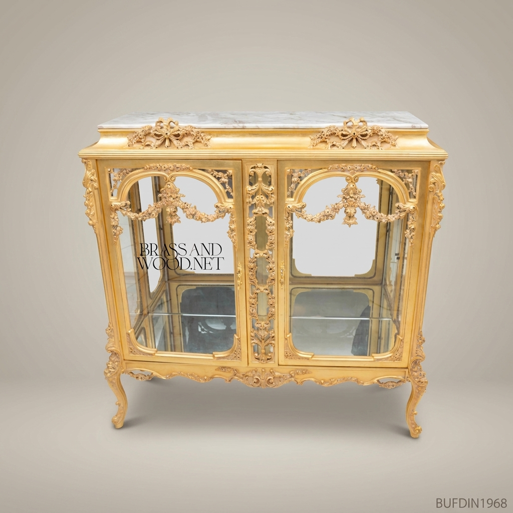 Napoleon III Rococo Revival Gilded Vitrine — Marble Top with Floral Swag Carving