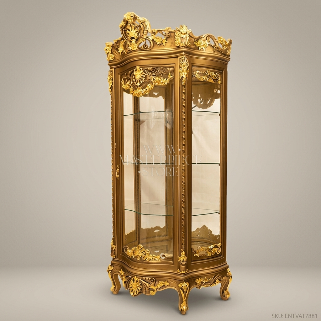 Napoleon III Rococo Revival Gilded Vitrine — Carved Mascaron Crown & Cabriole Legs
