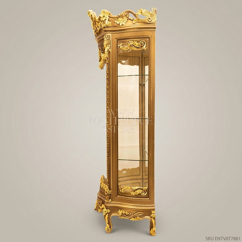 Napoleon III Rococo Revival Gilded Vitrine — Carved Mascaron Crown & Cabriole Legs