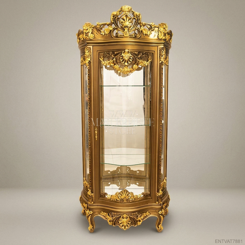 Napoleon III Rococo Revival Gilded Vitrine — Carved Mascaron Crown & Cabriole Legs