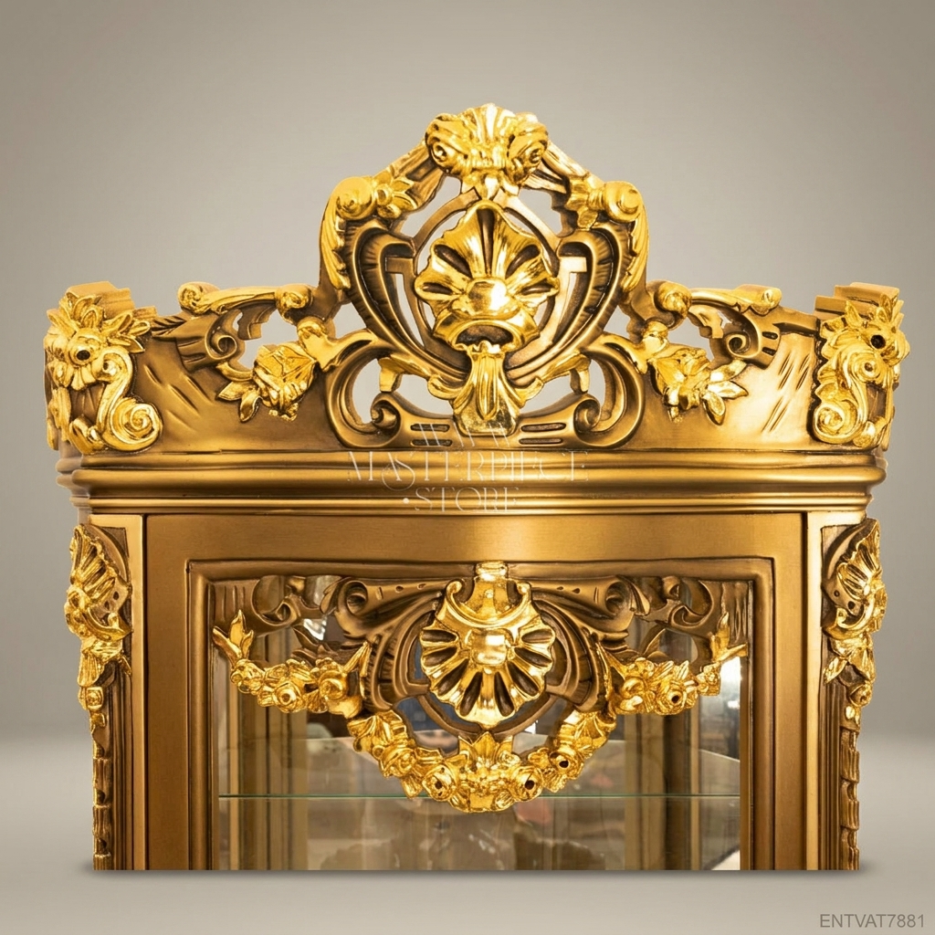 Napoleon III Rococo Revival Gilded Vitrine — Carved Mascaron Crown & Cabriole Legs