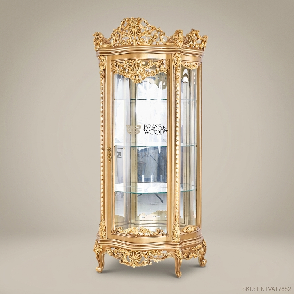 Napoleon III Rococo Revival Gold Vitrine - Heavily Carved Single-Door Display Cabinet