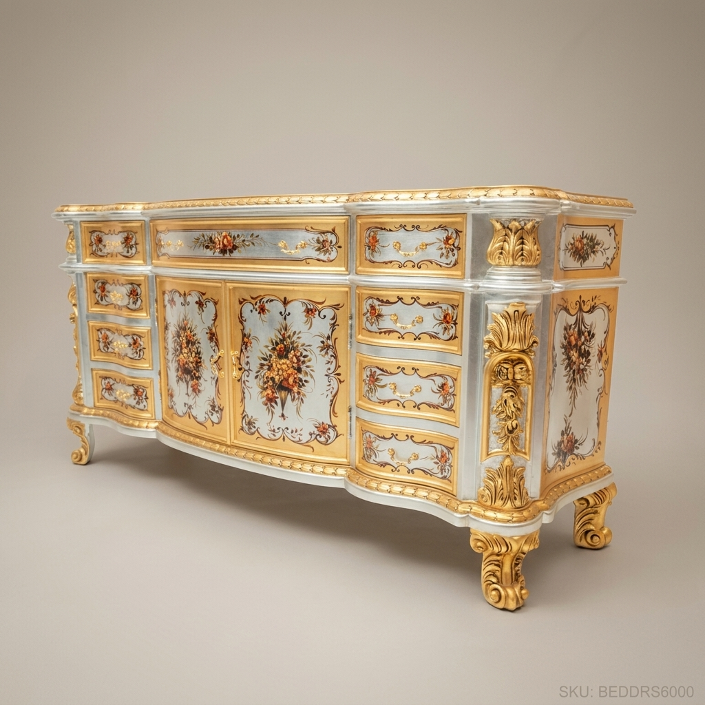 Napoleon III Rococo Revival Hand-Painted Gilded Dressing Table with Mirror — Ivory & Gold Floral Lacquer