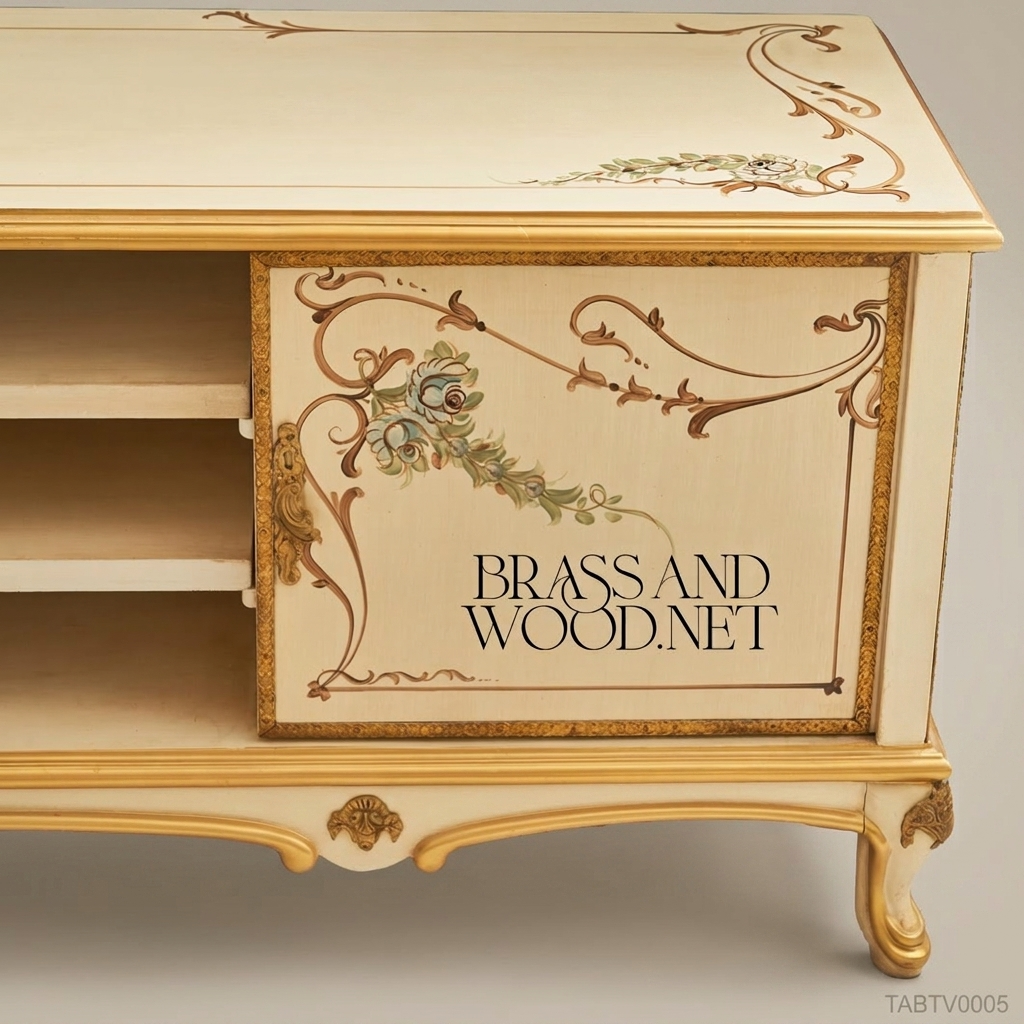 Napoleon III Rococo Revival Hand-Painted TV Cabinet - Ivory Lacquer with Gold Cabriole Legs