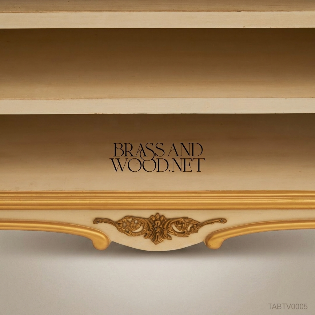 Napoleon III Rococo Revival Hand-Painted TV Cabinet - Ivory Lacquer with Gold Cabriole Legs