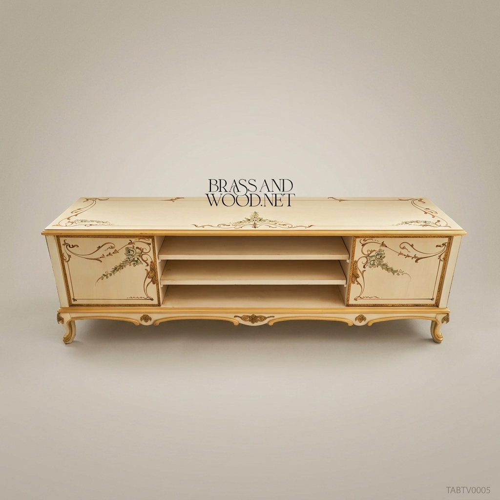 Napoleon III Rococo Revival Hand-Painted TV Cabinet - Ivory Lacquer with Gold Cabriole Legs