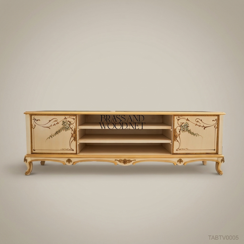 Napoleon III Rococo Revival Hand-Painted TV Cabinet - Ivory Lacquer with Gold Cabriole Legs
