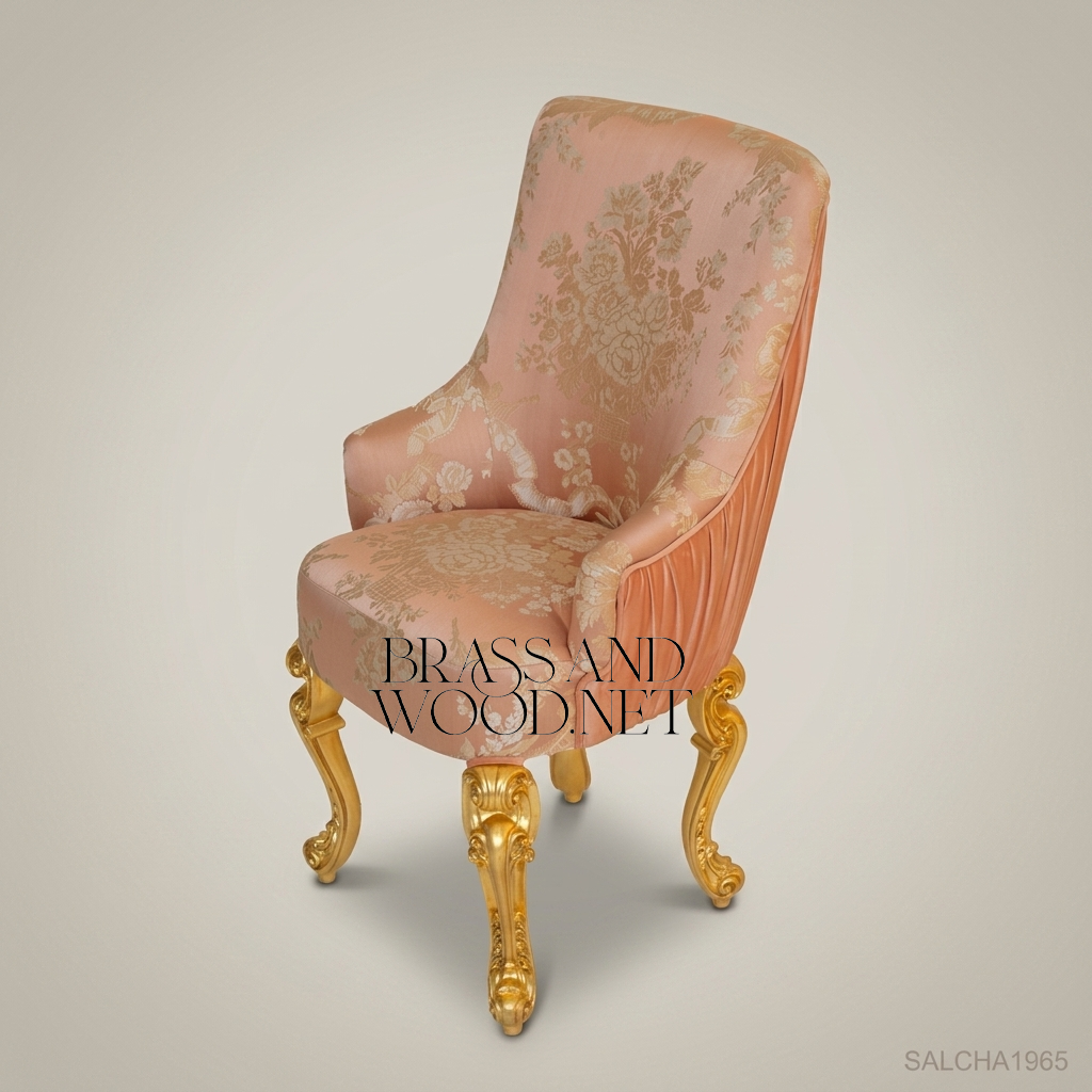 Napoleon III Rococo Revival High-Back Armchair - Gilt Cabriole Legs & Pleated Floral Jacquard
