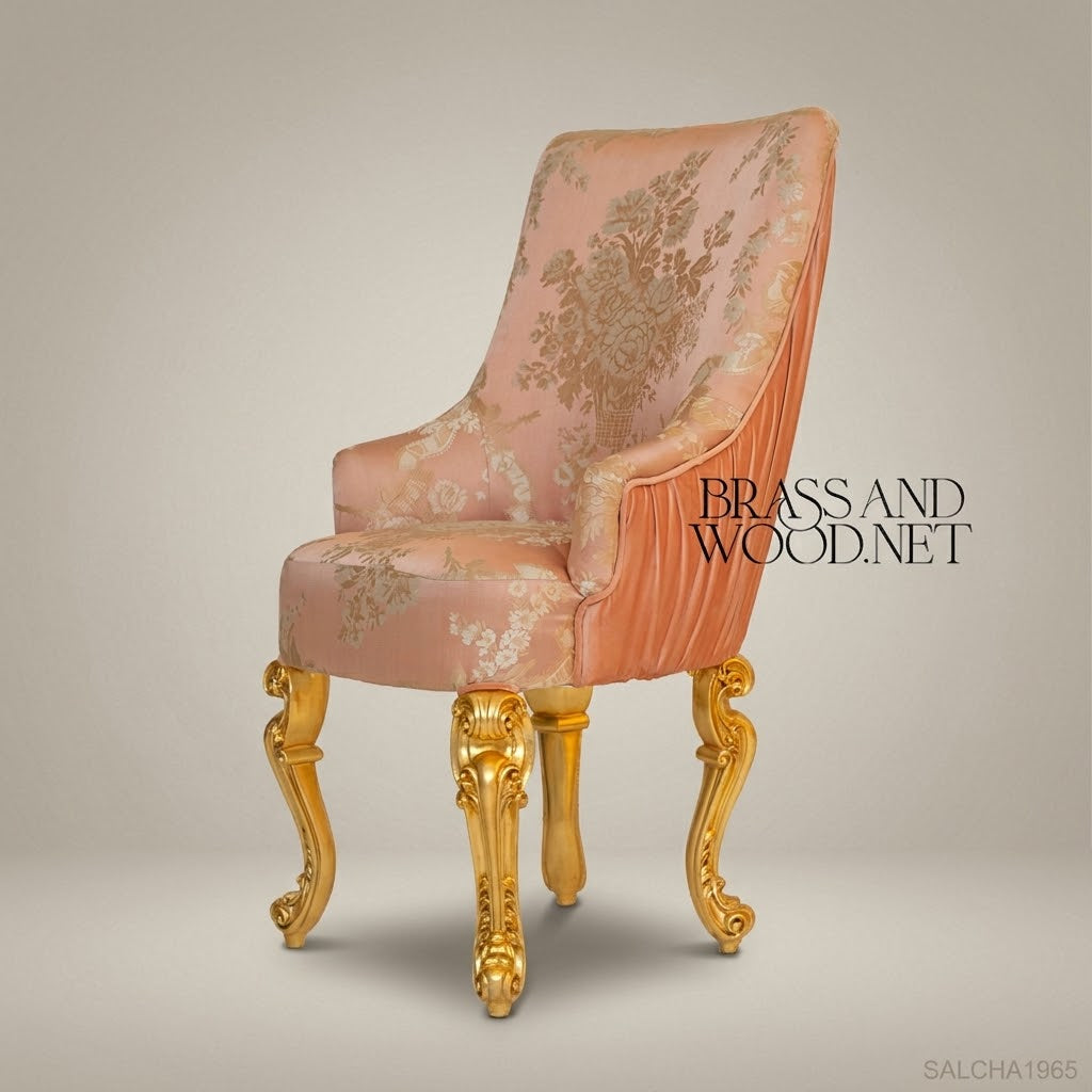 Napoleon III Rococo Revival High-Back Armchair - Gilt Cabriole Legs & Pleated Floral Jacquard