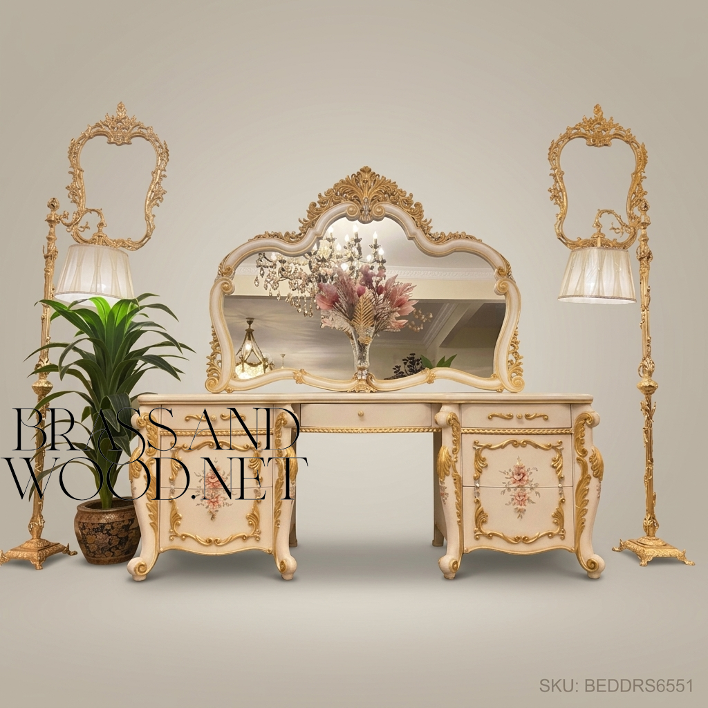 Napoleon III Rococo Revival Ivory & Gold Complete Bedroom Set with Hand-Painted Floral Panels