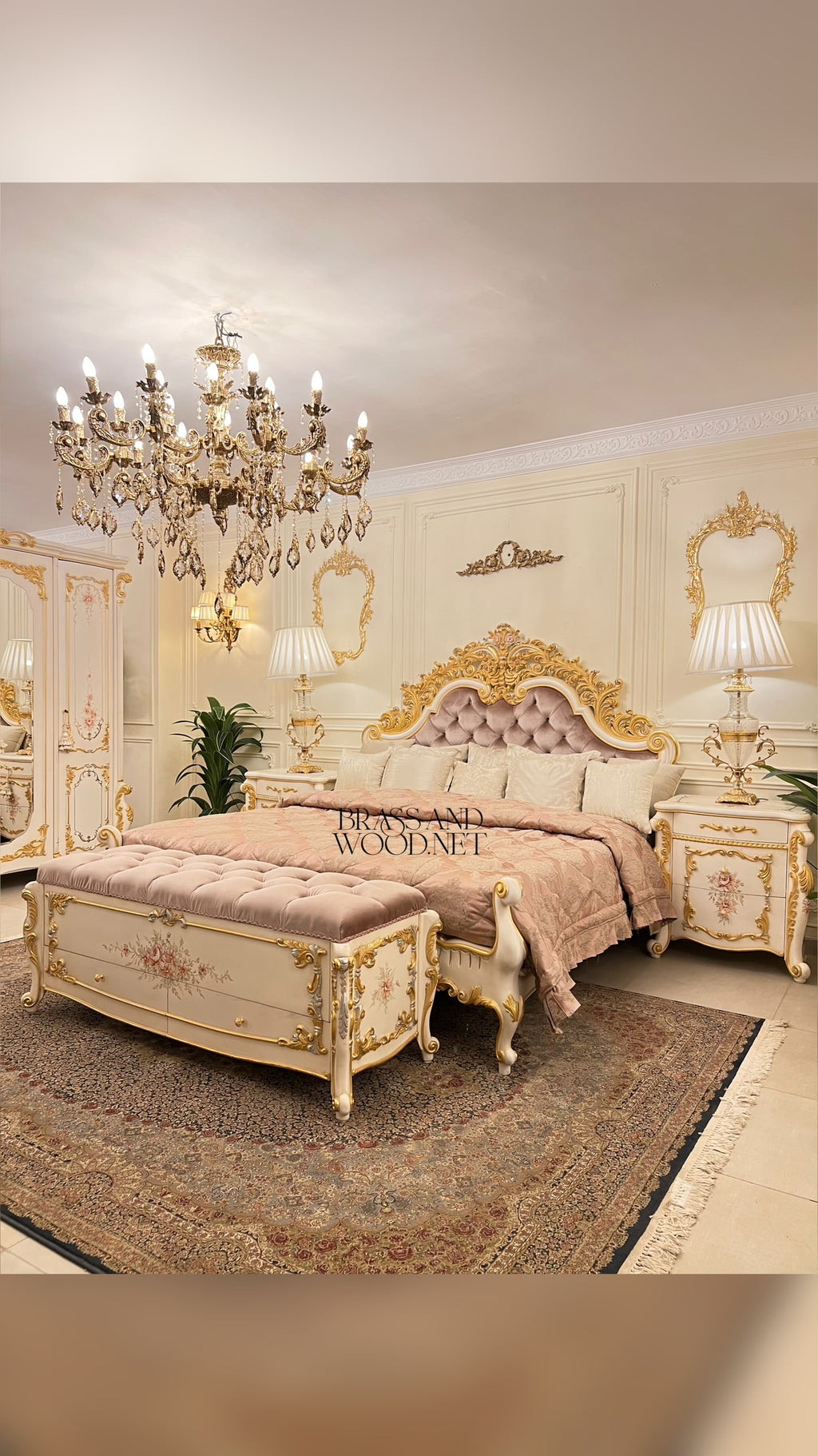 Napoleon III Rococo Revival Ivory & Gold Complete Bedroom Set with Hand-Painted Floral Panels
