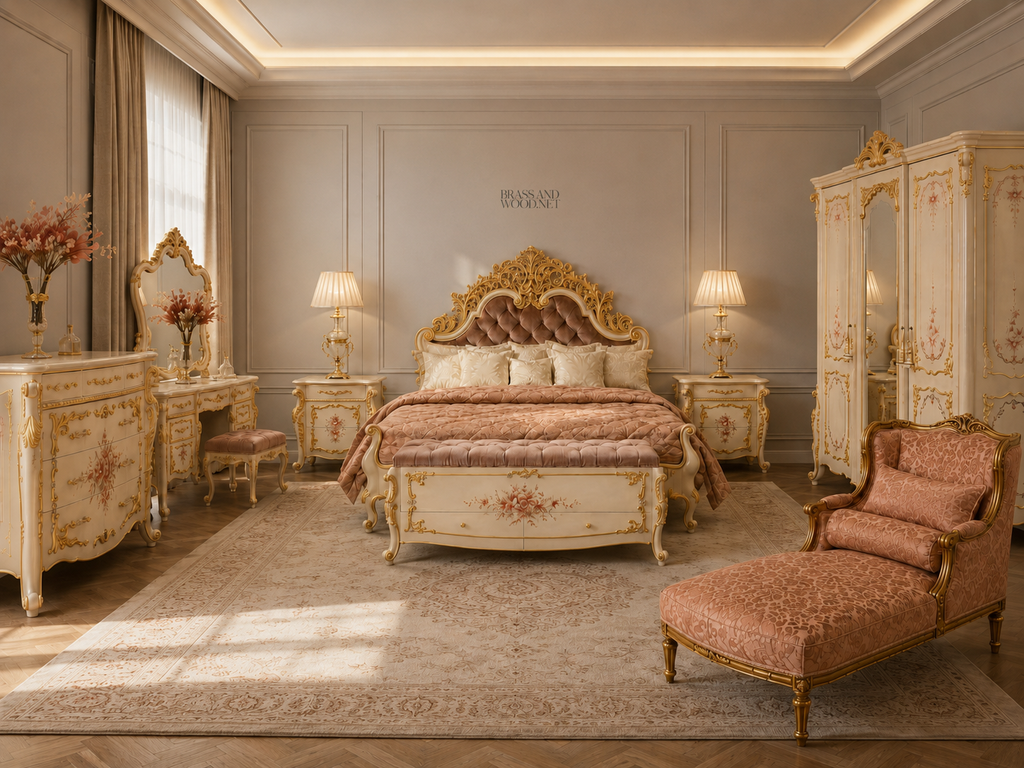 Napoleon III Rococo Revival Ivory & Gold Complete Bedroom Set with Hand-Painted Floral Panels
