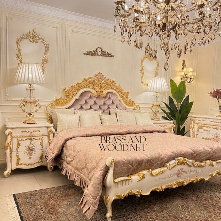 Napoleon III Rococo Revival Ivory & Gold Complete Bedroom Set with Hand-Painted Floral Panels