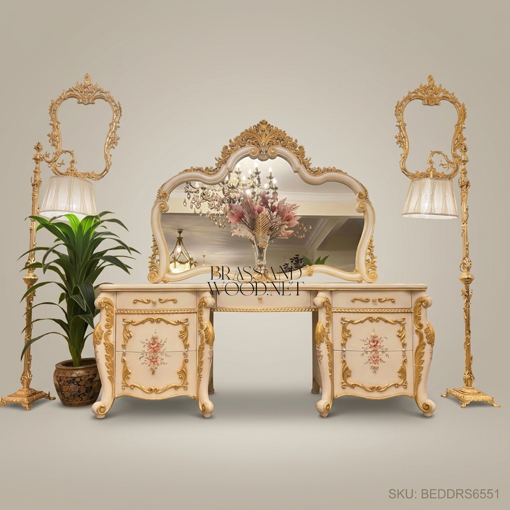 Napoleon III Rococo Revival Ivory & Gold Dressing Table with Carved Mirror