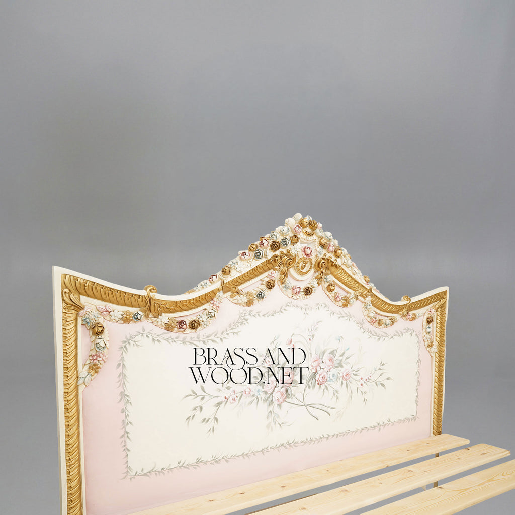 Napoleon III Rococo Revival Ivory Lacquered Bed with Hand-Carved Floral Crown Headboard