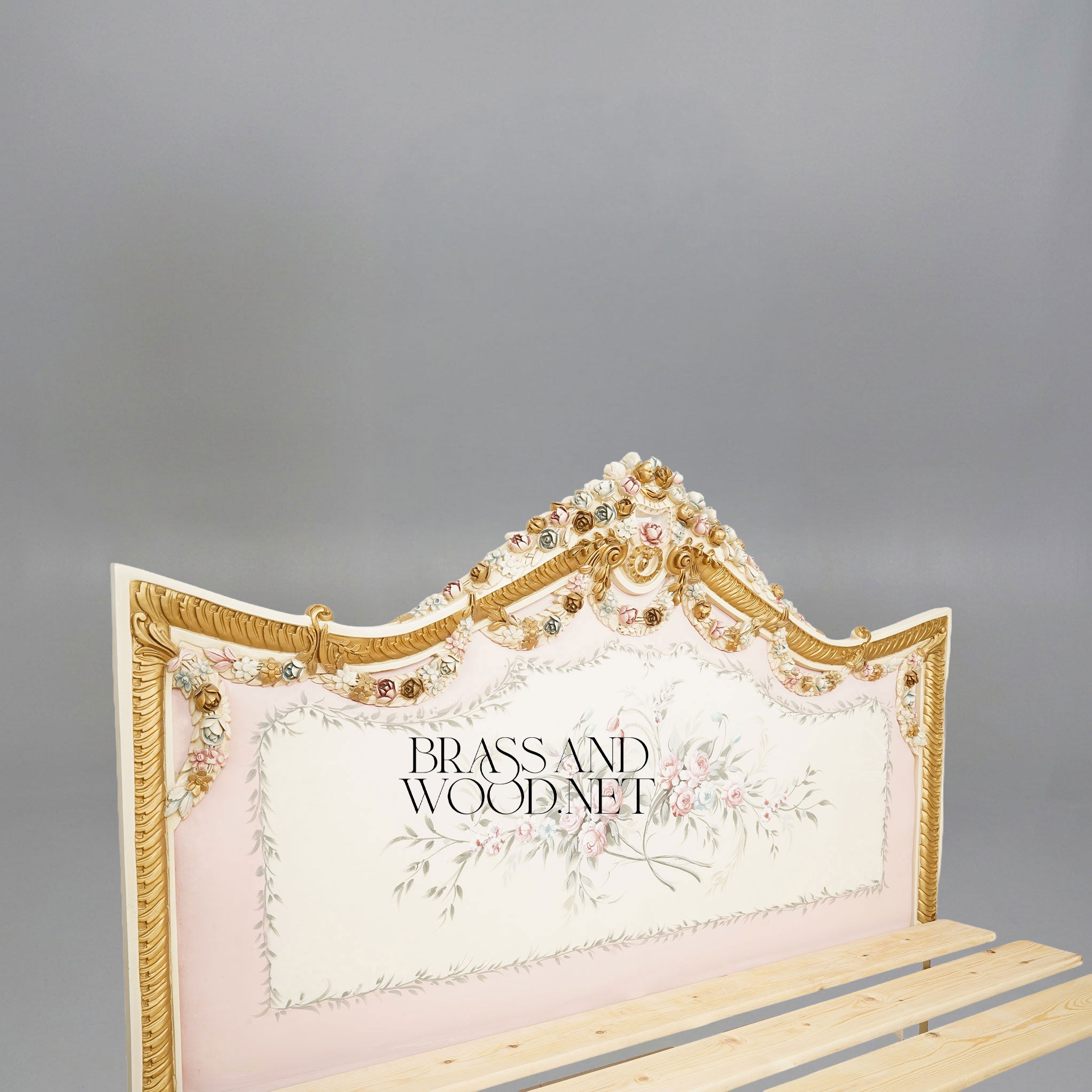 Napoleon III Rococo Revival Ivory Lacquered Bed with Hand-Carved Floral Crown Headboard