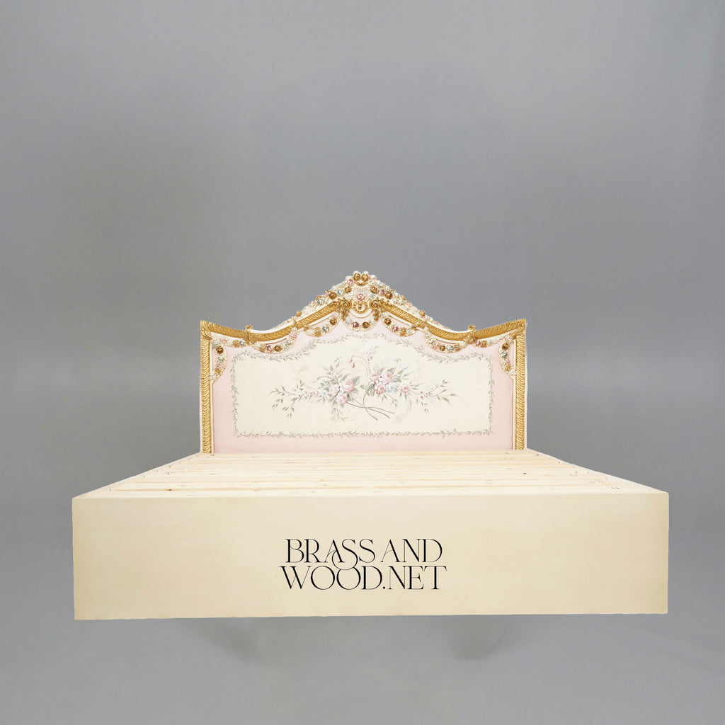 Napoleon III Rococo Revival Ivory Lacquered Bed with Hand-Carved Floral Crown Headboard