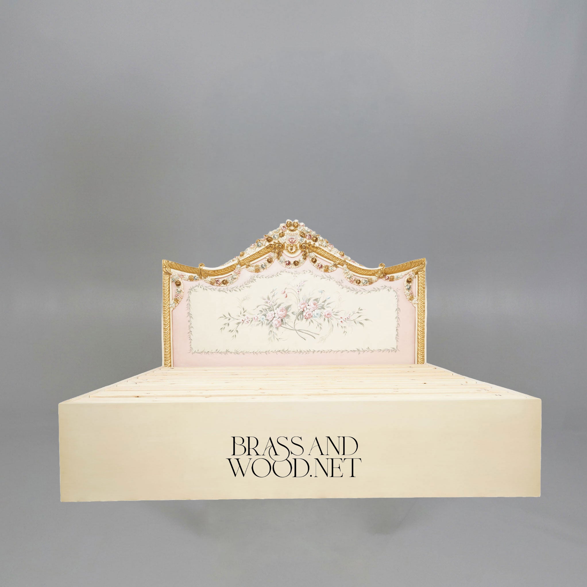 Napoleon III Rococo Revival Ivory Lacquered Bed with Hand-Carved Floral Crown Headboard