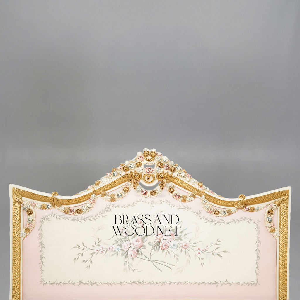 Napoleon III Rococo Revival Ivory Lacquered Bed with Hand-Carved Floral Crown Headboard