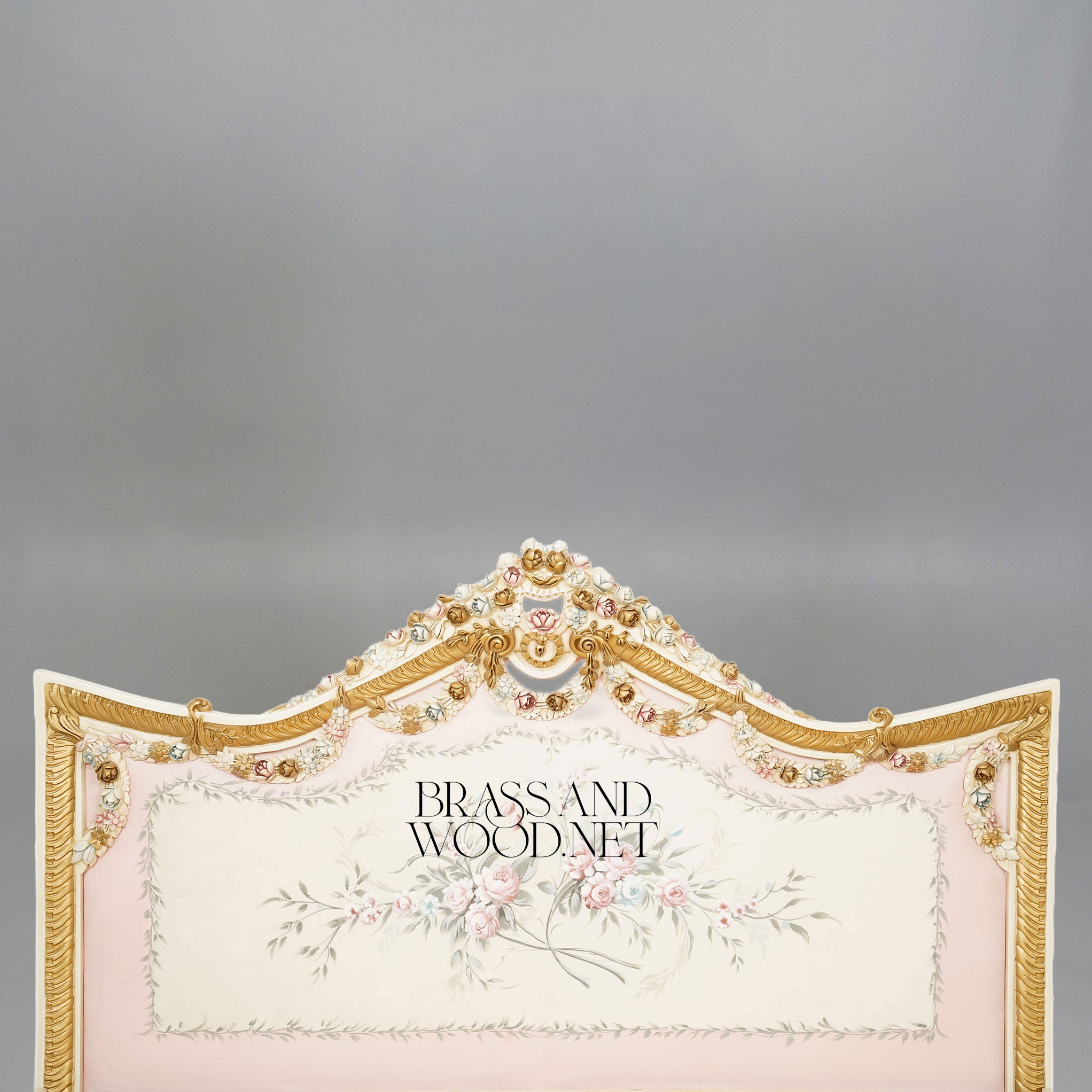 Napoleon III Rococo Revival Ivory Lacquered Bed with Hand-Carved Floral Crown Headboard