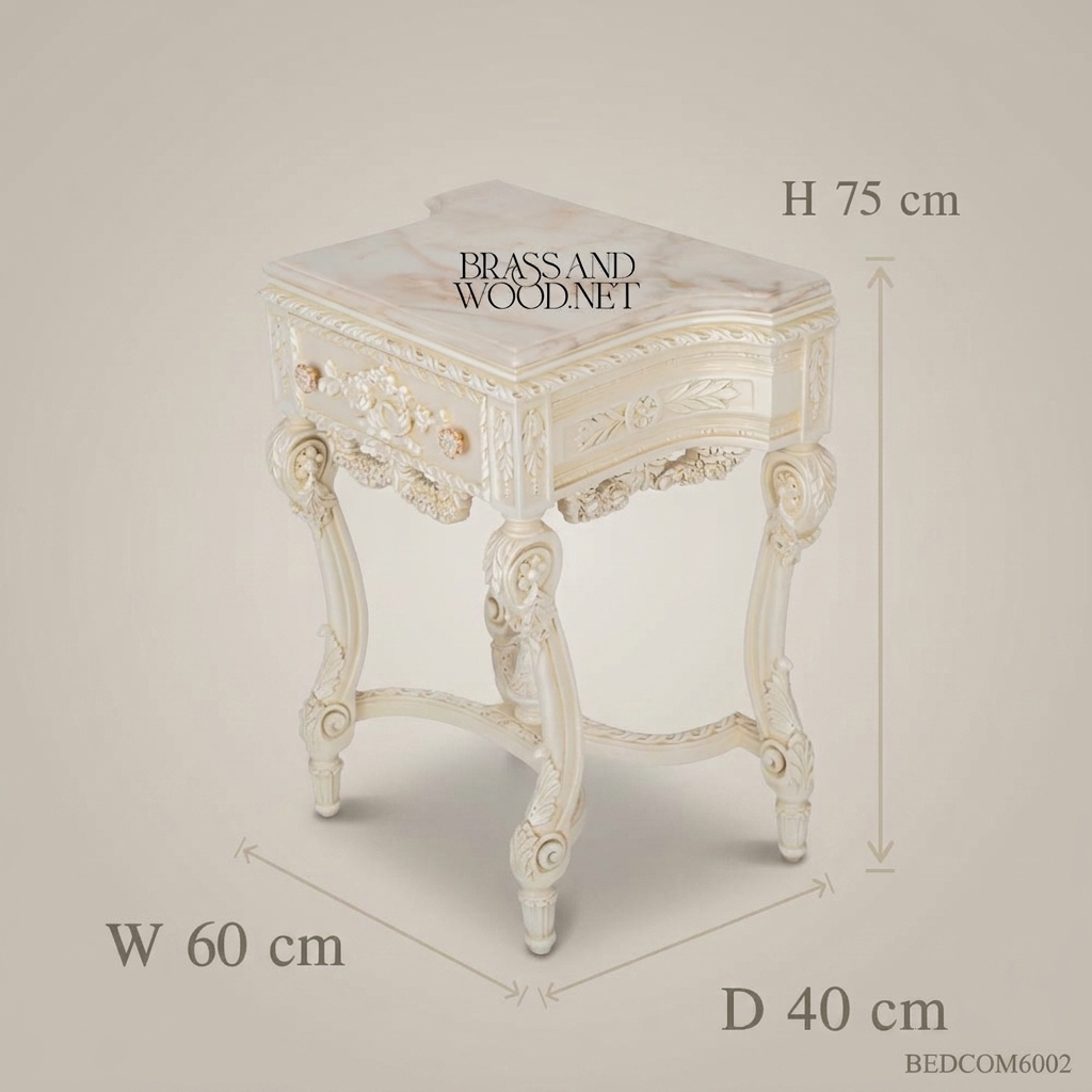 Napoleon III Rococo Revival Ivory Nightstand with Carved Floral Garlands & Marble Top